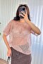 Women's Pink Sequined Mesh Textured Crew Neck Short Sleeve Blouse - 3