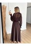 Women's Coffee Color Long Double-Breasted Collar Lace-Up Waist Detailed Chiffon Sleeves Flared Dress - 4