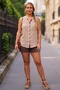 Beige High Neck Sleeveless Buttoned Pocketed Casual Muslin Woven Blouse 70 60 - 6