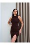 Halter Neck Waist Drape Slit Dress - 2