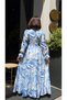 Women's Blue Patterned Chiffon Long Dress with Gathered Flounce Sleeves |   Neck Tie Lined Tie Collar Maxi Dress with Marble Pattern - 2