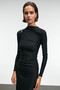 Eflour Women's Long Black Dress with Stand Collar and Drawstring Detail in Stretch Fabric - 4