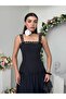 Women's Black Midi Dress Square Collar Lace Strap Layered Skirt Poplin Textured