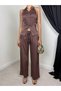 Women's Coffee Blouse-Pants Set Tie Detailing Dominant Collar Sleeveless Blouse and Wide Leg Trousers Set - 3