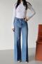 Women's Blue Jean Pants High Waist Palazzo Jean Wide Leg Overlock Detailed Long Denim Trousers - 7