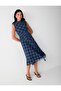 Navy Blue Plaid Patterned Midi Mesh Dress with Waist Detail - 3