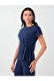 Navy Blue Round Neck Short Sleeve Blouse with Tie Detail