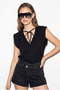 Women's Black 100% Cotton V-Neck Blouse with Tie Detail 60382620 - 4