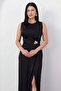 Oval Neckline Side Pleated Buckled Satin Dress K-251633 - 2