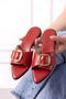 Rosso Red Wrinkled Patent Leather Gold Buckle Pointed Shape Women's Slippers - 2