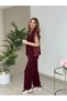 Women's Burgundy Poplin Detailed Double Tracksuit Set with Zipper, Zero Sleeve Vest, Cotton Modal, Wide Leg - 4