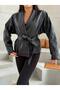 Women's Zr Model Black Shawl Collar Tied Faux Leather Jacket - 4