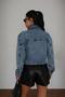 Women's Blue Crop Denim Jacket with Stone Accessories, Double-Breasted Collar and Belt Buckle - 6