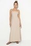 Women's Beaded Strap Detailed Square Neck Maxi Beige Dress - 4