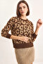 Women's Leopard Patterned Crew Neck Basic Knitwear Brown Camel Sweater - 4
