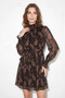 Women's Patterned Gipeli Collar and Sleeve Detailed Belted Lined Mini Chiffon Brown Dress - 4