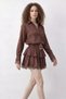 Women's Leopard Patterned Satin Textured Lace Detailed Belted Flounce Brown Dress - 3