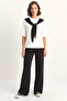 Women's Shawl Detailed Basic T-Shirt Elastic Waist Loose Pants Bottom Top Modal Black White Set