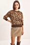 Women's Leopard Patterned Crew Neck Basic Knitwear Brown Camel Sweater - 2