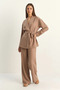 Women's Belted Kimono with Elastic Waist, Pocket Detail, Loose Palazzo Modal Milk Coffee Set - 6