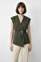 Women's Stylish Buttoned Belted Woven Khaki Vest