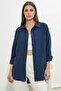 Women's Oversize Cut Linen Navy Blue Shirt - 6