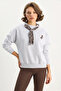 Women's Scarf Detailed Ceylan Embroidered Three Thread Embroidered Oversized Gray Sweatshirt - 2