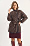 Women's Ethnic Patterned Belted Oversize Bitter Brown Kimono - 5