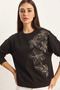 Women's Crew Neck Floral Bead Embroidered Relaxed Black Sweatshirt - 4