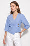 Women's Striped Double-Breasted Collar Button Detailed Blue Blouse - 4