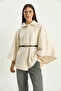 Women's Single Button Belted Waistband Bearded Soft Poncho Ecru - 5