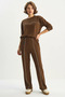Women's Crew Neck Long Sleeve Top with Elastic Waist, Loose Bottom with Piping Detail, Modal Brown Set - 6