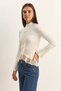 Women's Lace Detailed Half Turtleneck Buttoned Ribbed Knitwear Ecru Cardigan - 2