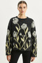 Women's Crew Neck Floral Patterned Embroidered Oversize Knitwear Black Sweater