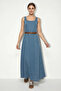 Women's Wide Collar Strap Belted Flared Denim Blue Dress - 3