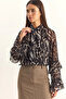 Women's Tie-Neck Patterned Chiffon Flounce Sleeve Black Blouse - 5