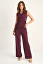 Women's Double-Breasted Collar Draped Accessory Detailed Elastic Waist Wrinkled Plum Suit - 5