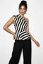 Women's Striped Volan Detailed One-Shoulder Lined Satin Ecru Black Blouse - 6