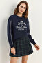 Women's Crew Neck Embroidered Three-Thread Raised Navy Blue Sweatshirt - 4