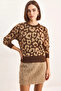 Women's Leopard Patterned Crew Neck Basic Knitwear Brown Camel Sweater - 8