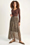 Women's Patterned Belt Detailed Lined Chiffon Maxi Brown Skirt - 4