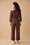 Women's Brown Crop Sweatshirt Boat Neckline Stitching Detail Sweatshirt Elastic Waist Pocket Bottom Modal Fabric Set - 7