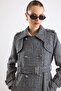 Cape Detailed Double-Breasted Plaid Long Coat Black 3169 - 4