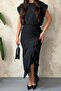 Black Front Ruffled Atlas Dress - 4