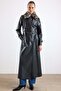 Removable Leopard Pattern Fur Long Leather Trench Coat Black 6893 - 4