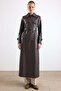 Removable Leopard Pattern Fur Long Leather Trench Coat Brown 6893 - 6