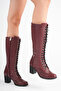 Women's Genuine Leather Lace-Up Heeled Boots - Burgundy - 2