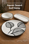 Black Leaf Patterned 14 Piece Ceramic Breakfast Set for 6 Persons, Decorative Tableware Set with Serving Presentation Plate - 5