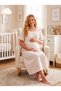 New Season Light Beige Muslin Fabric Easy Breastfeeding Design with Ruffle Sleeve Detail Summer 100% Cotton Maternity Nightgown - 6
