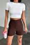 High-Waisted Crepe Stretchy Striped Shorts That Offer Both Elegance and Chicness in One Package Brown () - 4